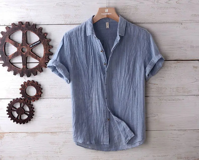 Camisa de Linho de Manga Curta para Homens, Camisa Casual Solta e Fresca de Verão em Cores Sólidas, Estilo Retro Japonês