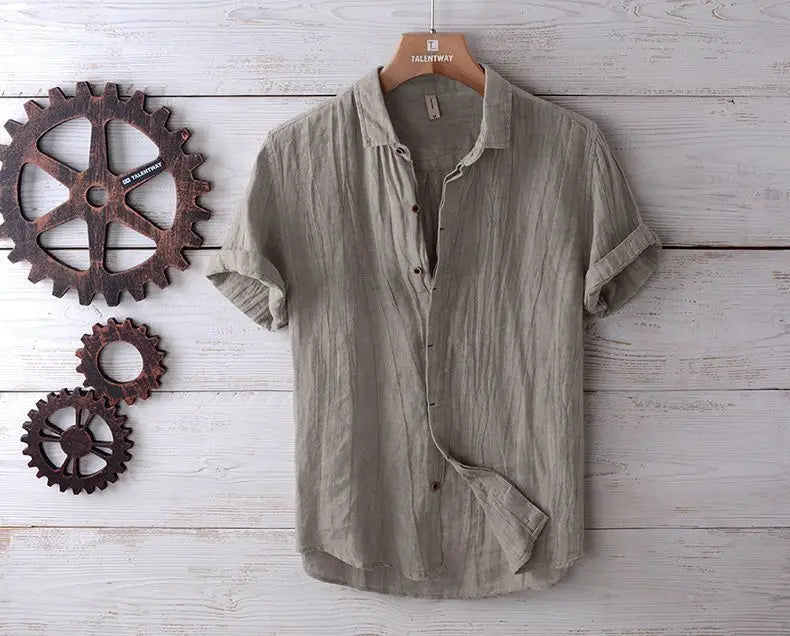 Camisa de Linho de Manga Curta para Homens, Camisa Casual Solta e Fresca de Verão em Cores Sólidas, Estilo Retro Japonês