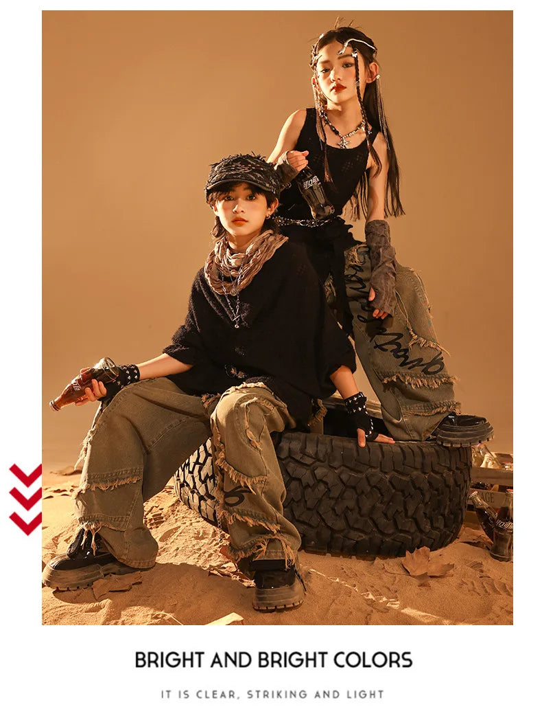 Conjunto de regata e jeans infantil Wasteland Street Dance de malha, moletons de hip hop, roupas de jazz, roupas punk, meninos e meninas