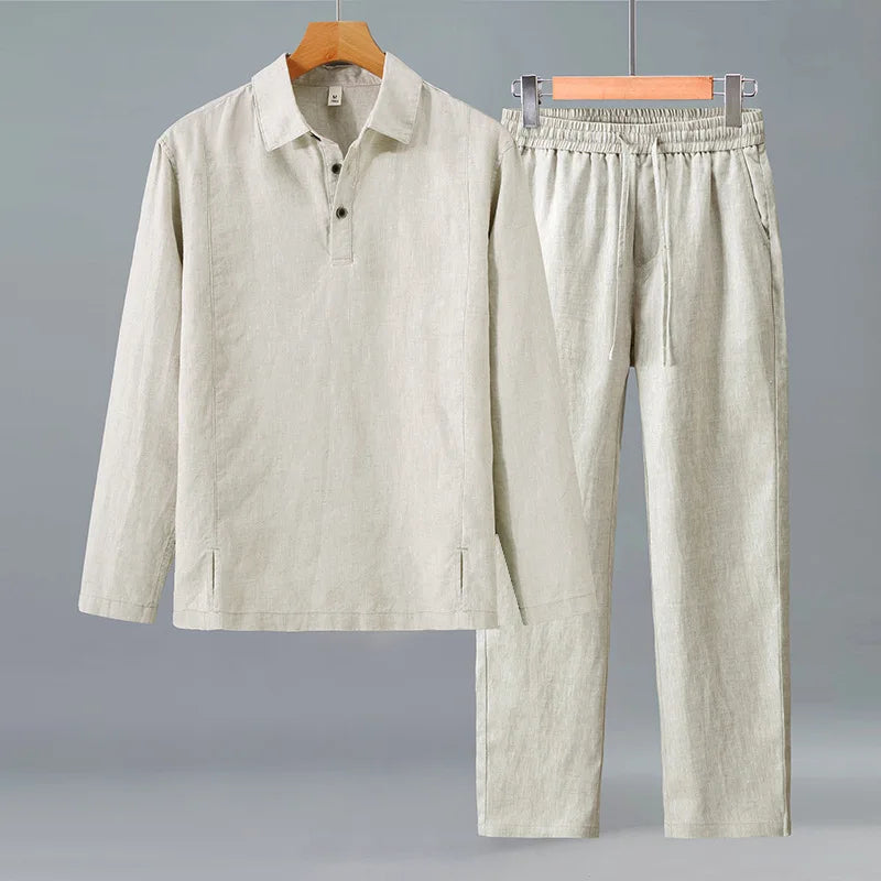 Camisa de Linho Pura de Manga Longa para Homens, Camiseta Leve e Respirável, Conjunto de Calças Casuais de Linho para Primavera e Outono