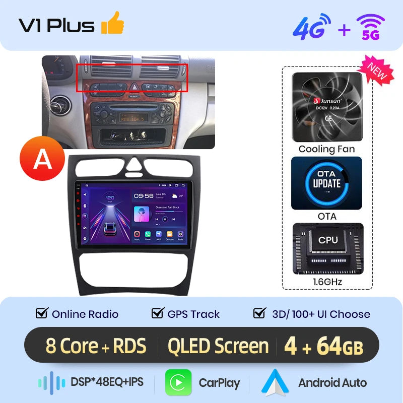 Junsun carplay android auto rádio do carro para mercedes benz classe c w203 c200 c320 c350 clk w209 2000-2005 multimídia inteligente 4g