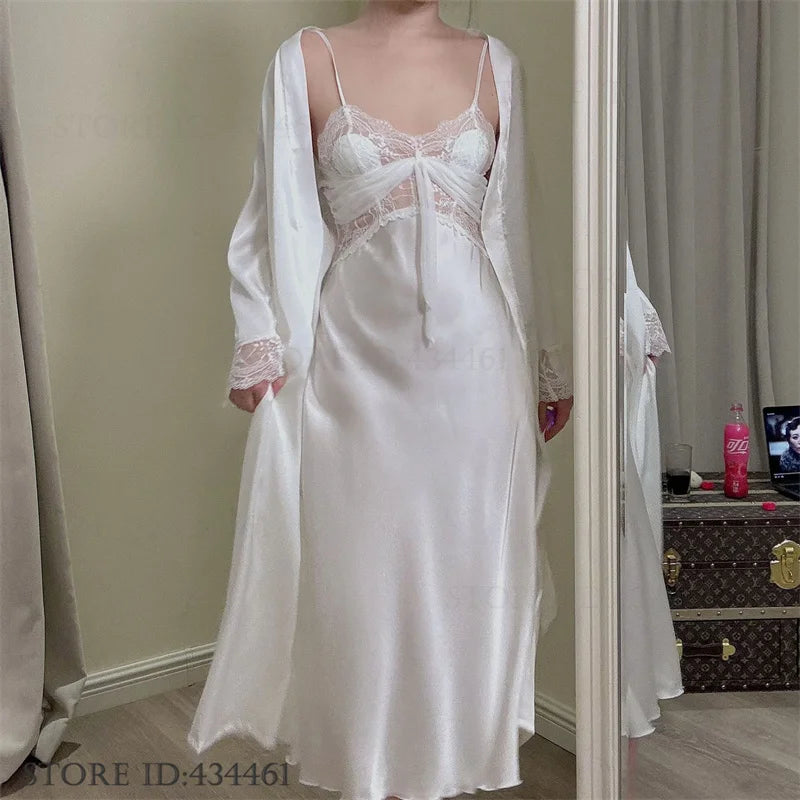 Feminino longo twinset robe conjunto sexy renda guarnição roupão de casamento quimono vestido sleepwear elegante seda gelo camisola loungewear homewear
