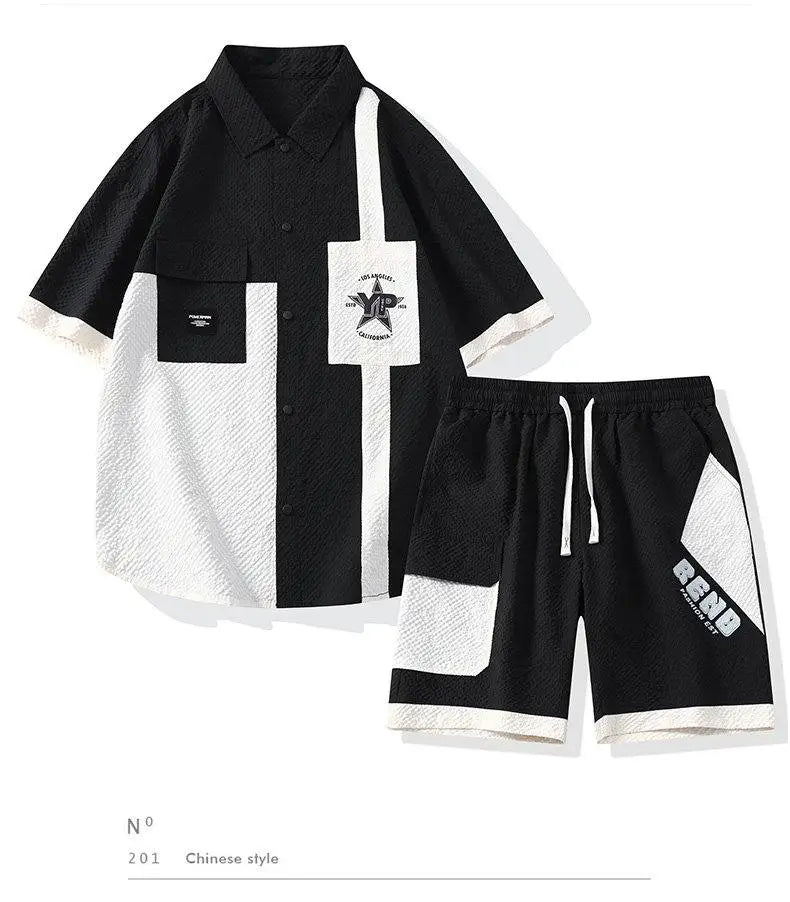 Conjunto Casual Masculino de Linho e Algodão, Camisa de Manga Curta com Colarinho e Calças Largas, Traje de Verão com Bordado Floral