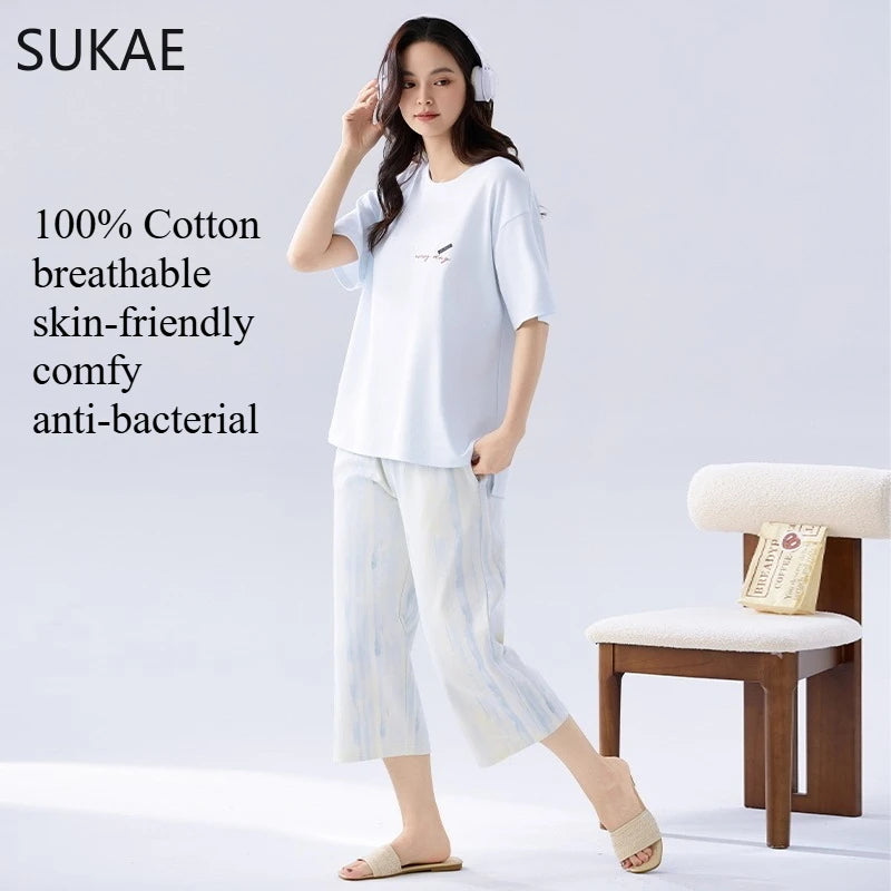 SUKAE-Conjunto de Pijamas dos desenhos animados das mulheres, 100% algodão, calça curta na altura do joelho, pijamas, capris loungewear, pijamas de verão, M-4XL