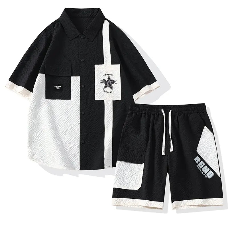 Conjunto Casual Masculino de Linho e Algodão, Camisa de Manga Curta com Colarinho e Calças Largas, Traje de Verão com Bordado Floral
