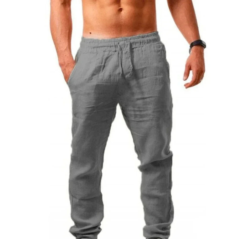 Calça masculina de algodão e linho, solta, respirável, com cintura elástica, cor sólida, casual, para corrida, fitness, verão, esportes, calça de moletom