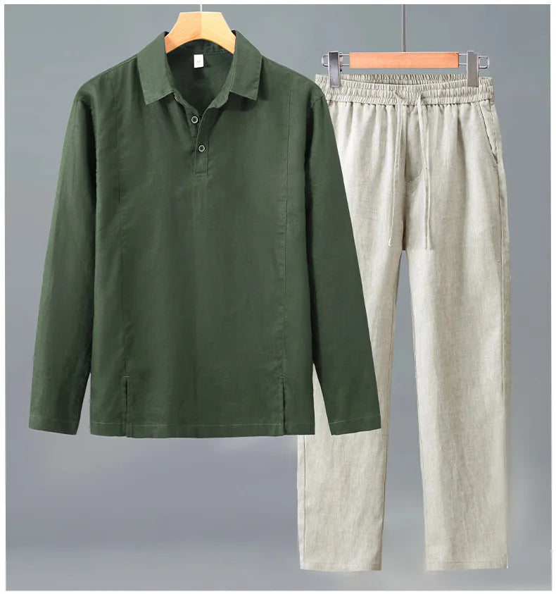 Camisa de Linho Pura de Manga Longa para Homens, Camiseta Leve e Respirável, Conjunto de Calças Casuais de Linho para Primavera e Outono