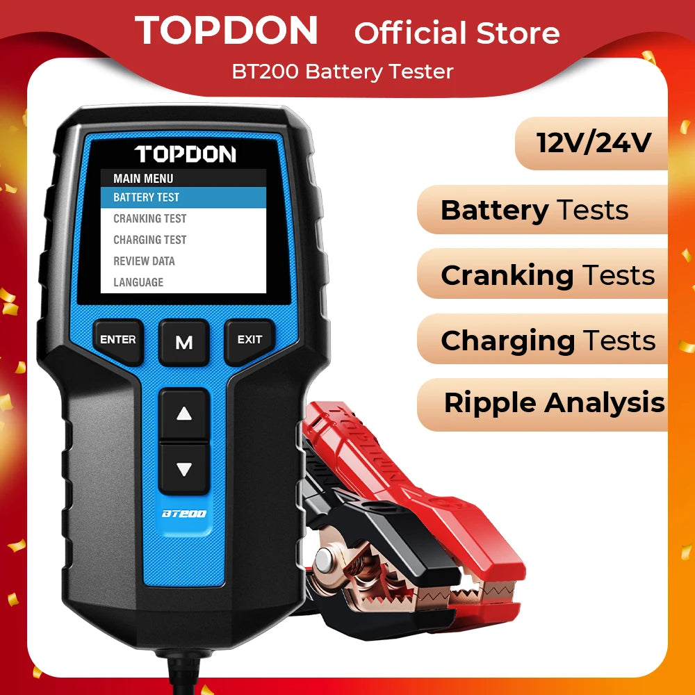 Topdon bt200 testador de bateria portátil ferramentas de teste de partida de carregamento para carro 12v monitor de bateria de diagnóstico automotivo 100-2000cca