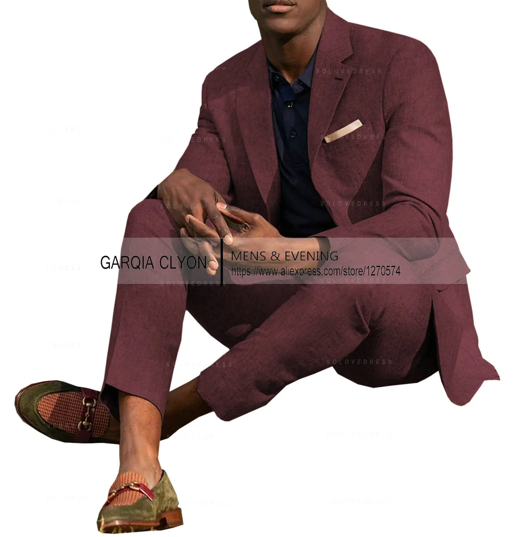 Ternos masculinos de linho, 2 peças, verão, casual, lapela de entalhe, ternos de casamento masculinos (blazer + calça)