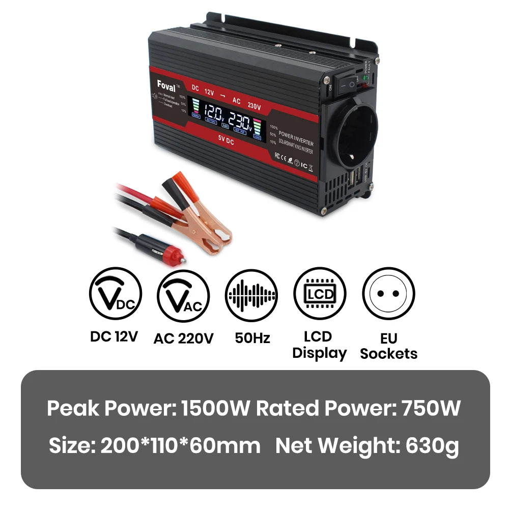 Inversor de energia solor com display lcd, dc 12v/24v para ac 220v 230v 1500w/2000w/2600w, conversor de tensão preto, soquete ue, acessórios automotivos