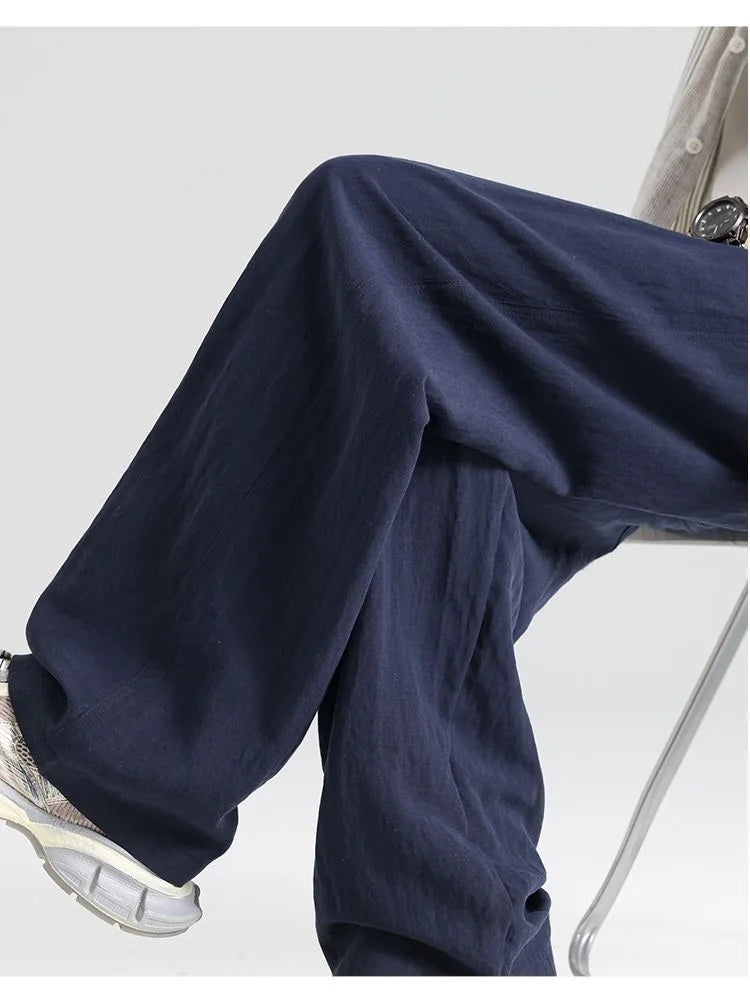 Calças Masculinas de Linho Finas, de Cor Sólida, Casuais, Confortáveis, Respiráveis, com Bolsos, Moda, Calças Longas de Perna Larga