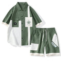 Conjunto Casual Masculino de Linho e Algodão, Camisa de Manga Curta com Colarinho e Calças Largas, Traje de Verão com Bordado Floral