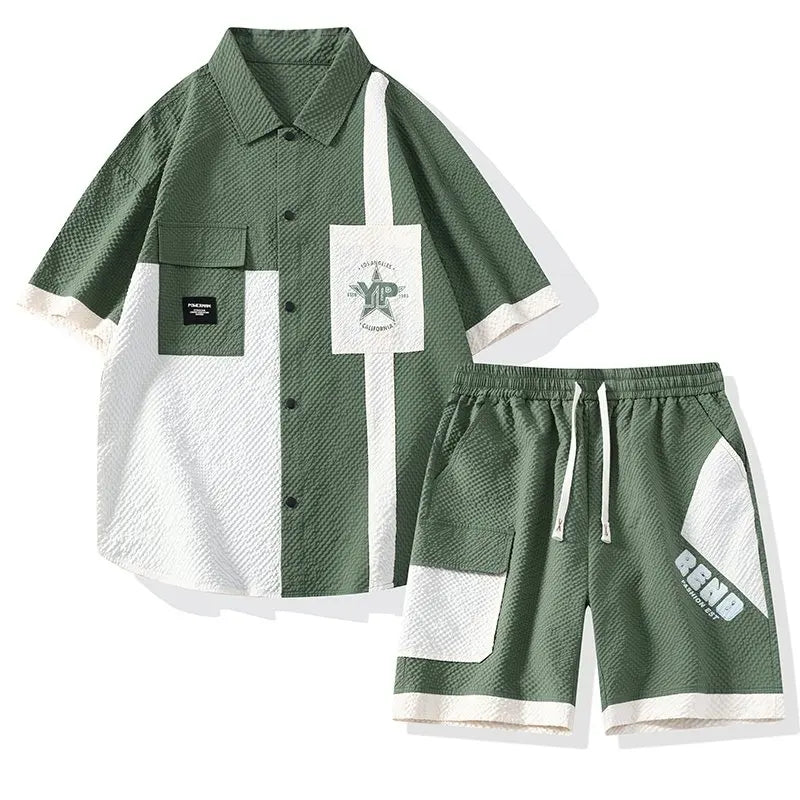 Conjunto Casual Masculino de Linho e Algodão, Camisa de Manga Curta com Colarinho e Calças Largas, Traje de Verão com Bordado Floral