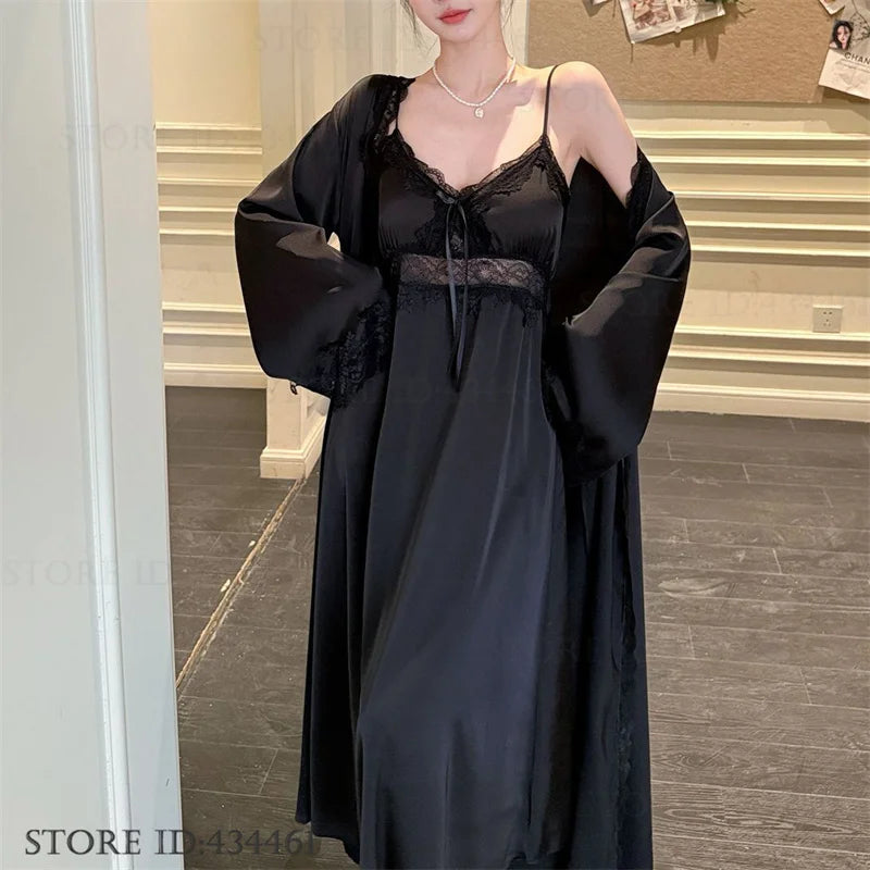 Feminino longo twinset robe conjunto sexy renda guarnição roupão de casamento quimono vestido sleepwear elegante seda gelo camisola loungewear homewear