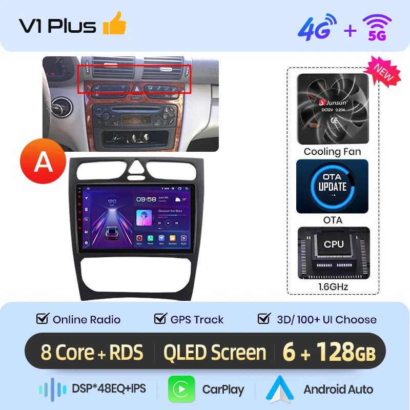 Junsun carplay android auto rádio do carro para mercedes benz classe c w203 c200 c320 c350 clk w209 2000-2005 multimídia inteligente 4g