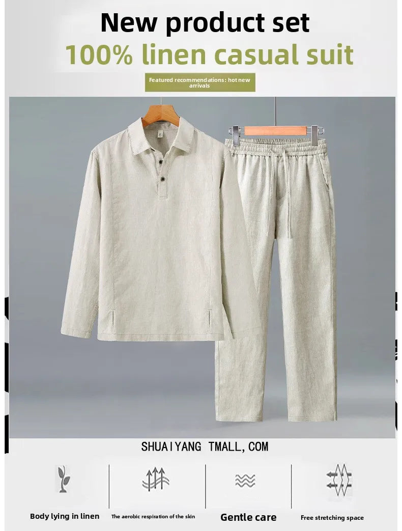 Camisa de Linho Pura de Manga Longa para Homens, Camiseta Leve e Respirável, Conjunto de Calças Casuais de Linho para Primavera e Outono