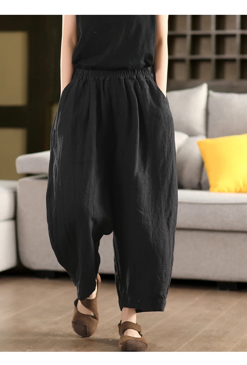 Calças compridas femininas de linho puro natural, estilo solto e retrô, calças largas, roupas de tamanho grande, casuais ao ar livre, confortáveis e legais