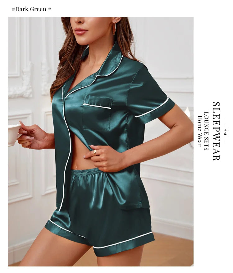 Conjunto pijama cetim feminino, pijama de manga curta, blusa e shorts de lapela, pijama de botão, roupas domésticas