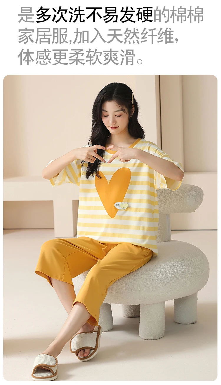 SUKAE-Conjunto de Pijamas dos desenhos animados das mulheres, 100% algodão, calça curta na altura do joelho, pijamas, capris loungewear, pijamas de verão, M-4XL