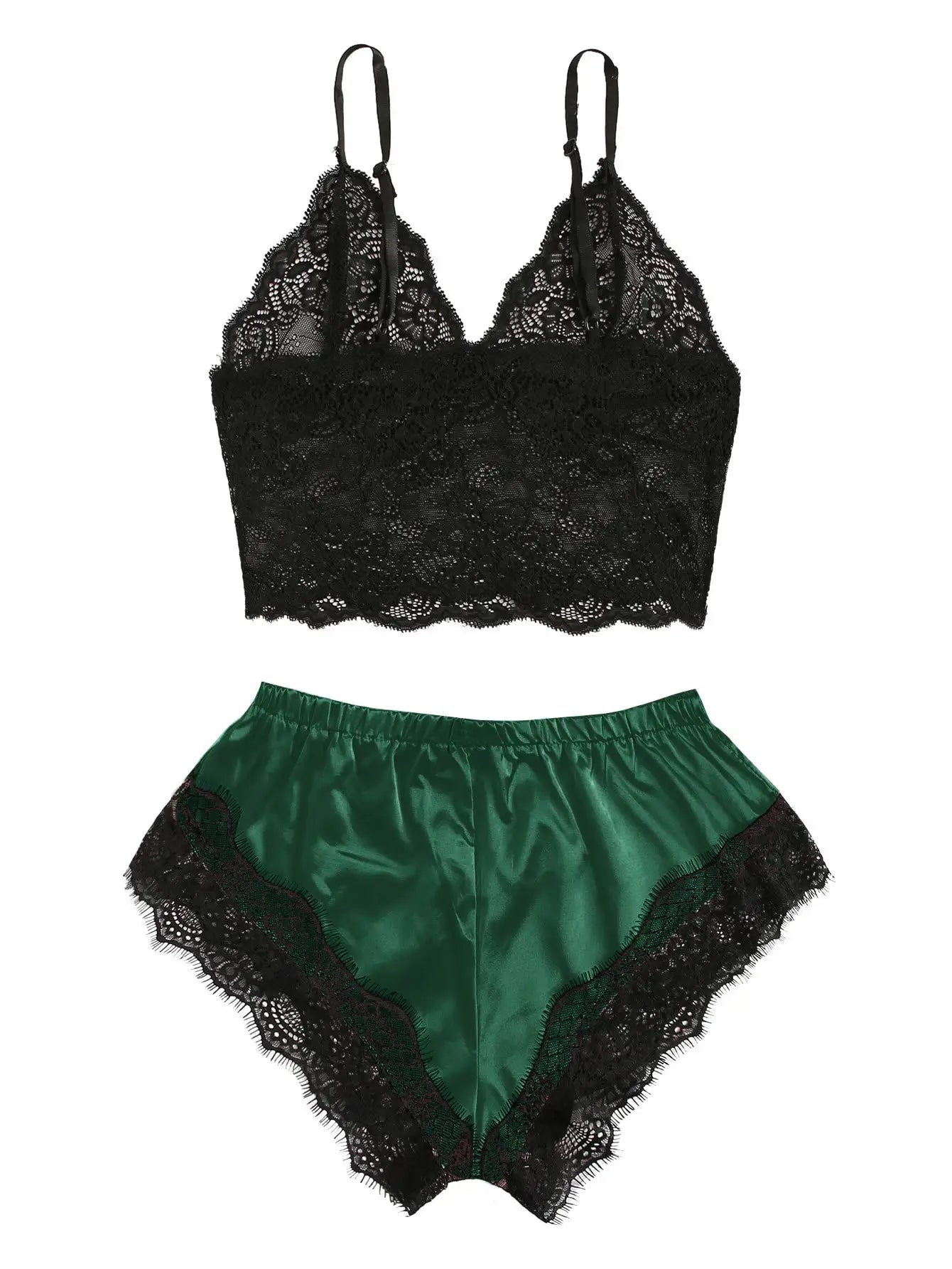 Conjunto de pijama de renda sexy feminino, 2 peças, bralette transparente, top e shorts, roupa de dormir respirável, plus size, lingerie de verão