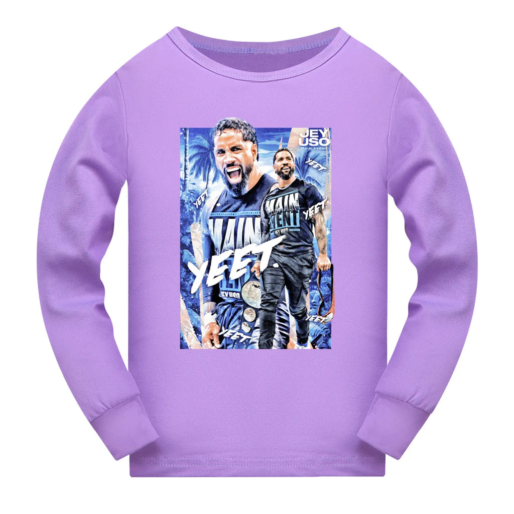 Crianças dos desenhos animados lutador jey uso conjuntos de pijama da criança meninos pijamas diários do bebê meninas manga longa t camisa + shorts 2 pçs set3952
