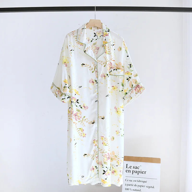 Verão outono casual noite feminina manga curta flor camisola solta sleepwear 100% viscose sleepwear para mulher