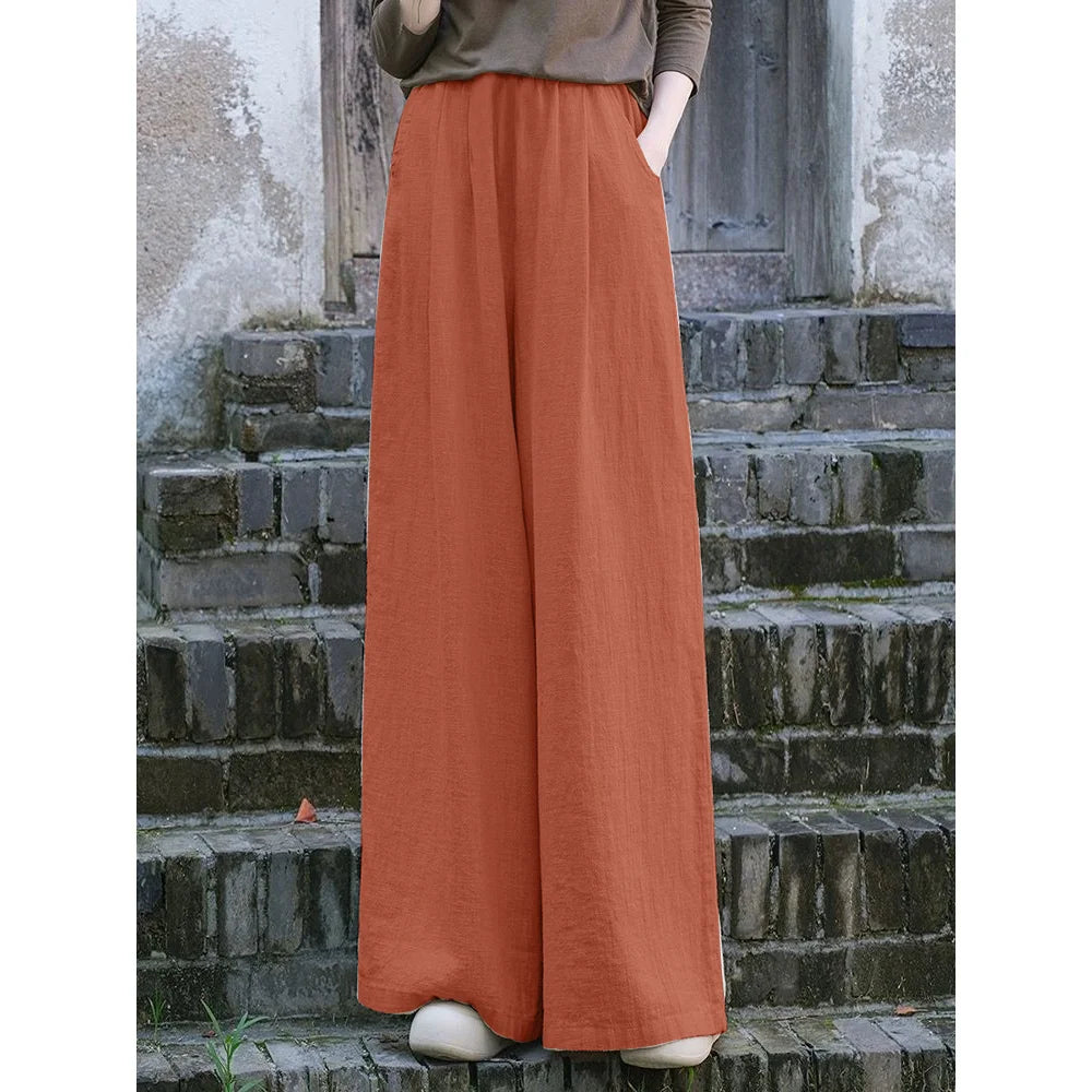 Calças de linho largas femininas casuais boêmias soltas e fluidas calças palazzo verão primavera