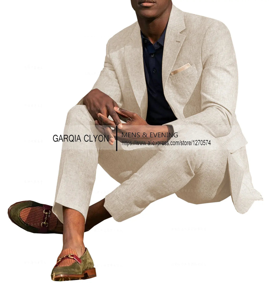 Ternos masculinos de linho, 2 peças, verão, casual, lapela de entalhe, ternos de casamento masculinos (blazer + calça)
