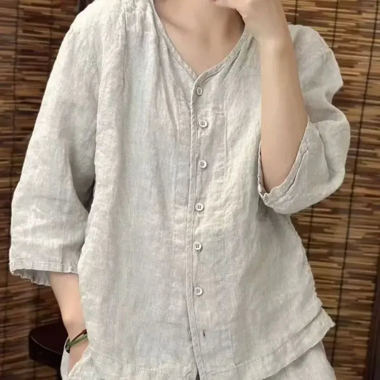 Camisa de Linho com Decote em V e Manga 3/4, Blusa Casual Solta com Botões, Top de Linho Respirável para Mulheres
