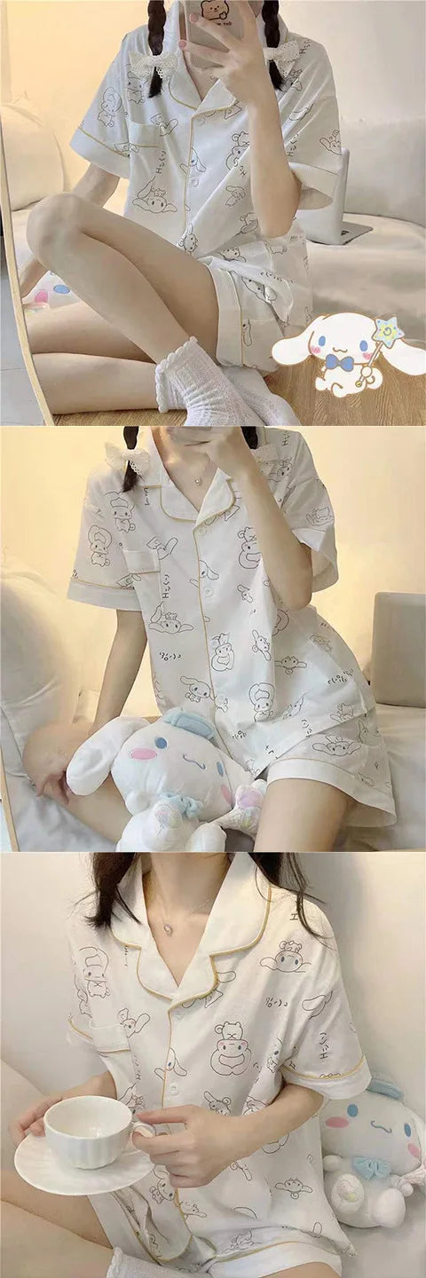 Olá kitty meninas bonito pijamas conjuntos de camisola solta dos desenhos animados macio manga curta topos shorts doce roupas femininas pijamas verão