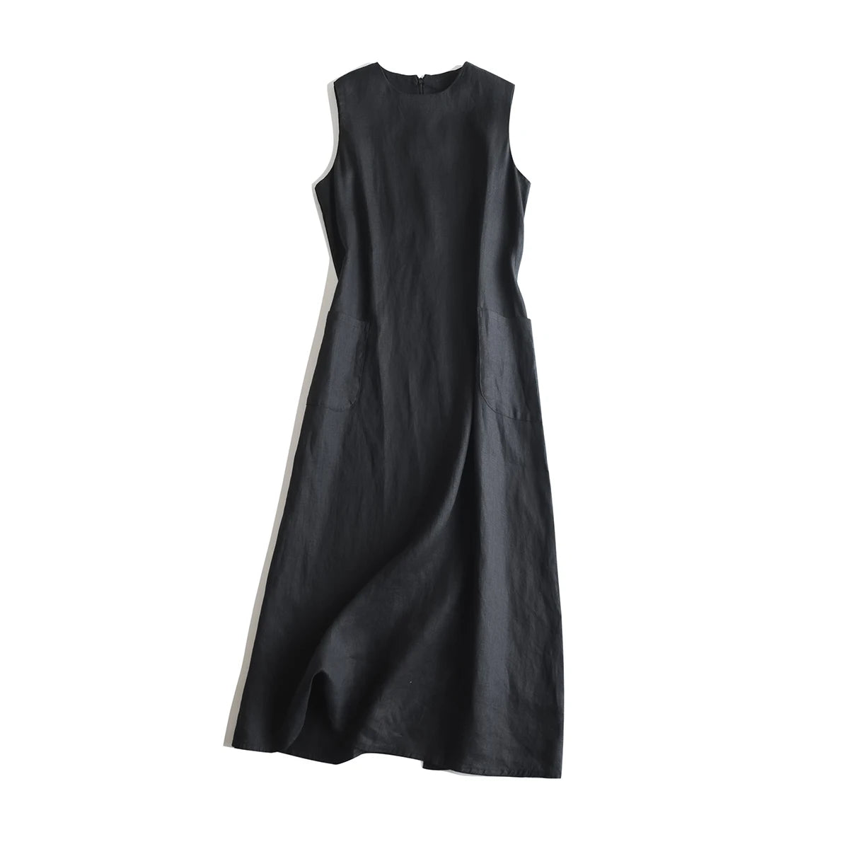 Vestido longo sem mangas com gola em O, Vintage, Linho, Algodão, Emagrecimento, Linha A, Verão, Sólido, Tanque Robe, Roupas casuais, X1399