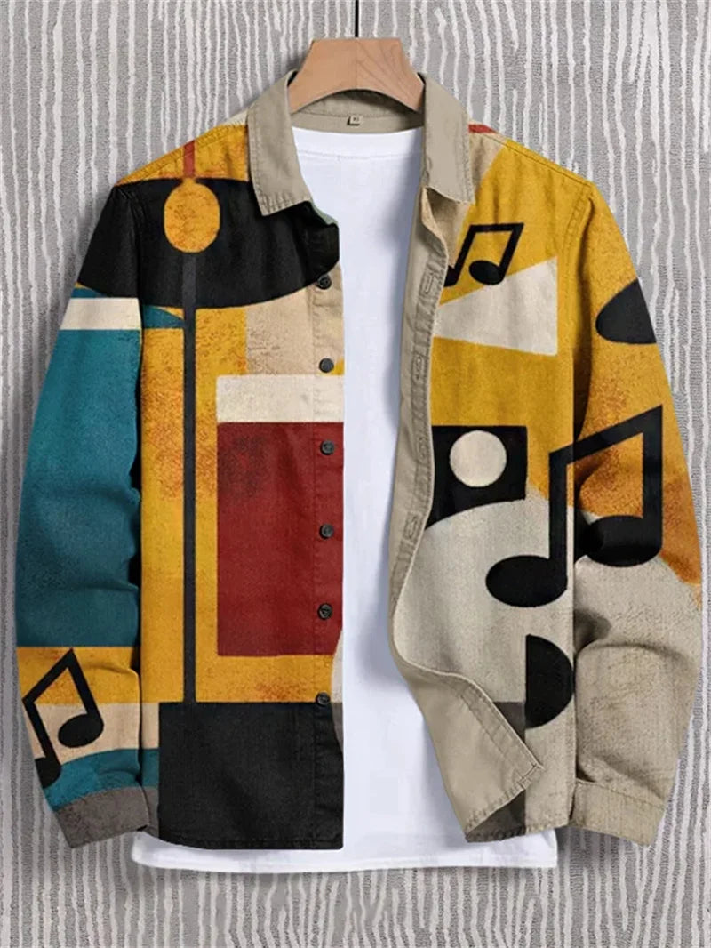 Camisa masculina de linho com estampa de arte 3D casual estilo vintage manga comprida gola de lapela top fashion engraçado estampado bege top