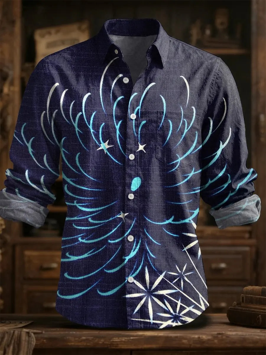 2025 primavera/verão moda masculina linho manga longa camisa de linho, impressão elegante, design de flor requintado