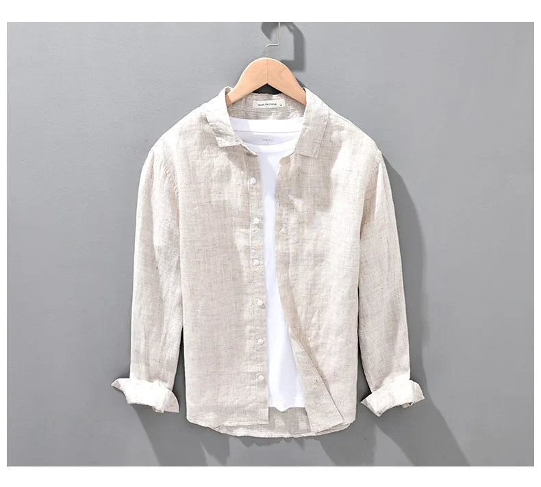 Camisa de linho respirável masculina, Top manga comprida, encaixe solto, Roupa extragrande, coreano sazonal