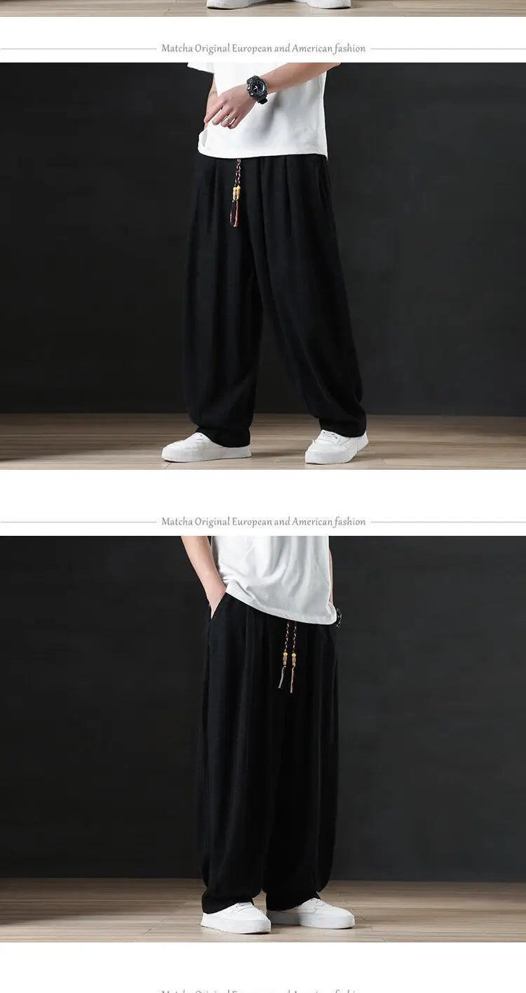 Calça masculina casual de linho verão leve solta de perna reta