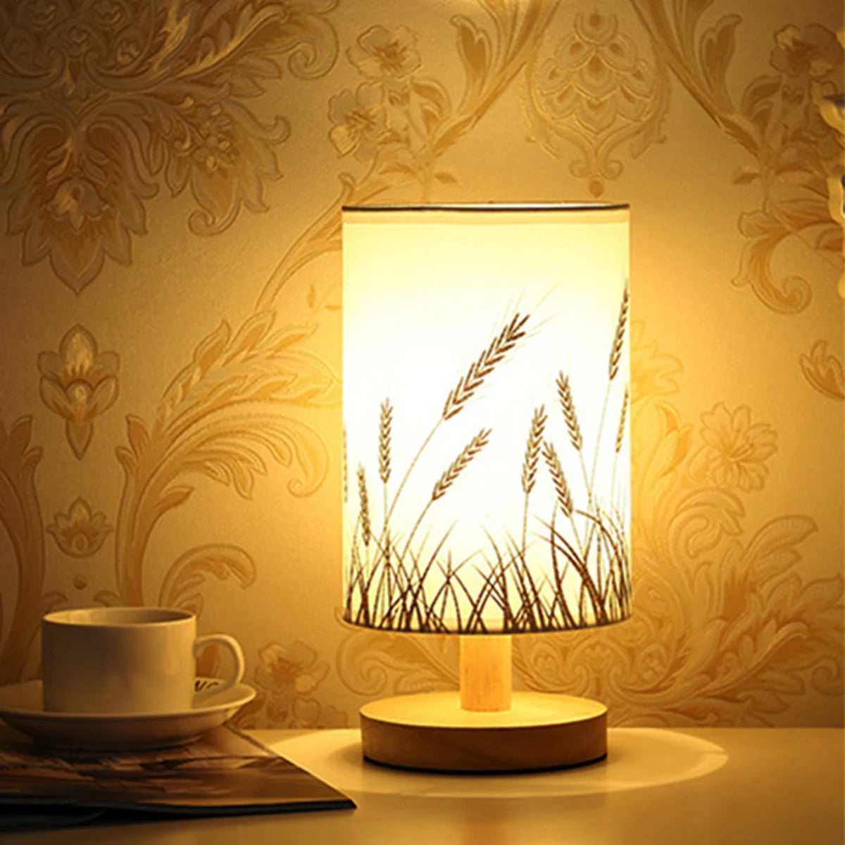 Candeeiro de mesa de linho LED Candeeiro de noite de linho com luz branca quente Candeeiro de cabeceira de linho alimentado por USB de madeira ao lado da lâmpada