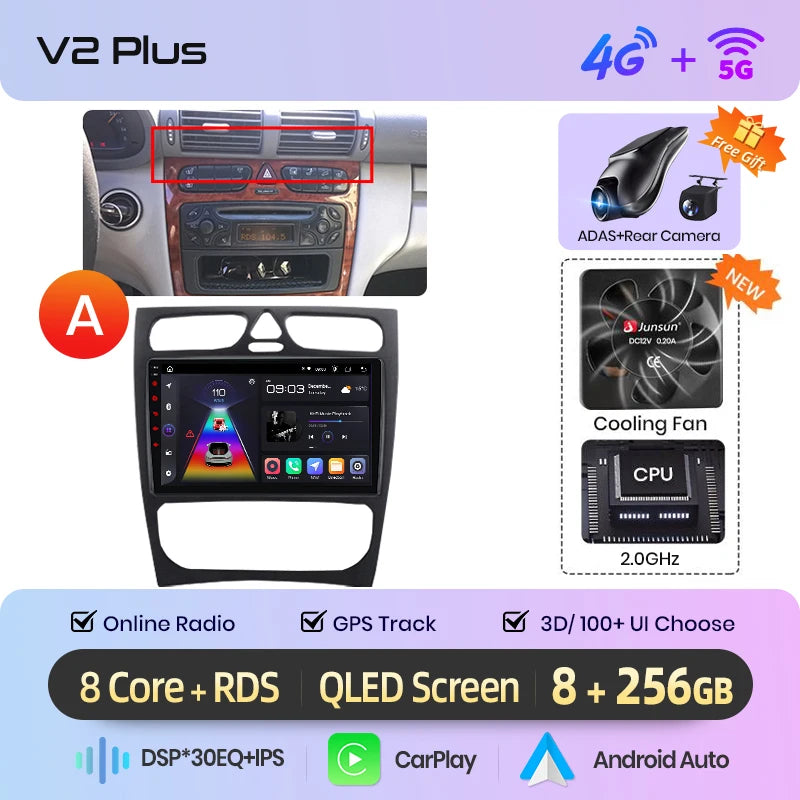 Junsun carplay android auto rádio do carro para mercedes benz classe c w203 c200 c320 c350 clk w209 2000-2005 multimídia inteligente 4g