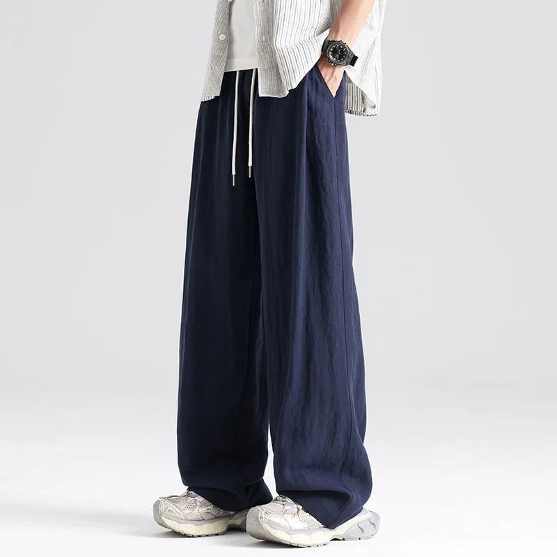 Calças Masculinas de Linho Finas, de Cor Sólida, Casuais, Confortáveis, Respiráveis, com Bolsos, Moda, Calças Longas de Perna Larga
