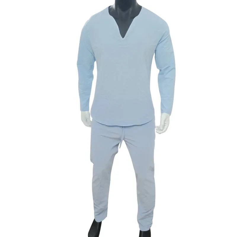 Camiseta Masculina de Linho de Manga Longa 2026 Henry, Slim Fit, Cor Sólida, Tamanho Grande Europeu e Americano, Gola V Profunda
