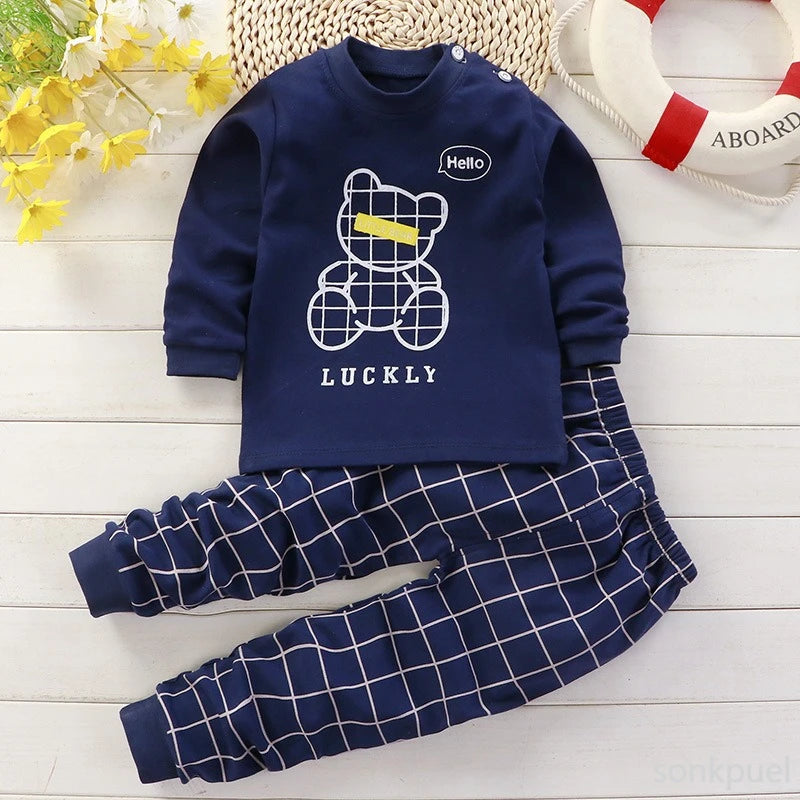 Outono algodão pijamas para meninas meninos manga longa topos + calças ternos primavera moda casa roupas do bebê criança sono traje