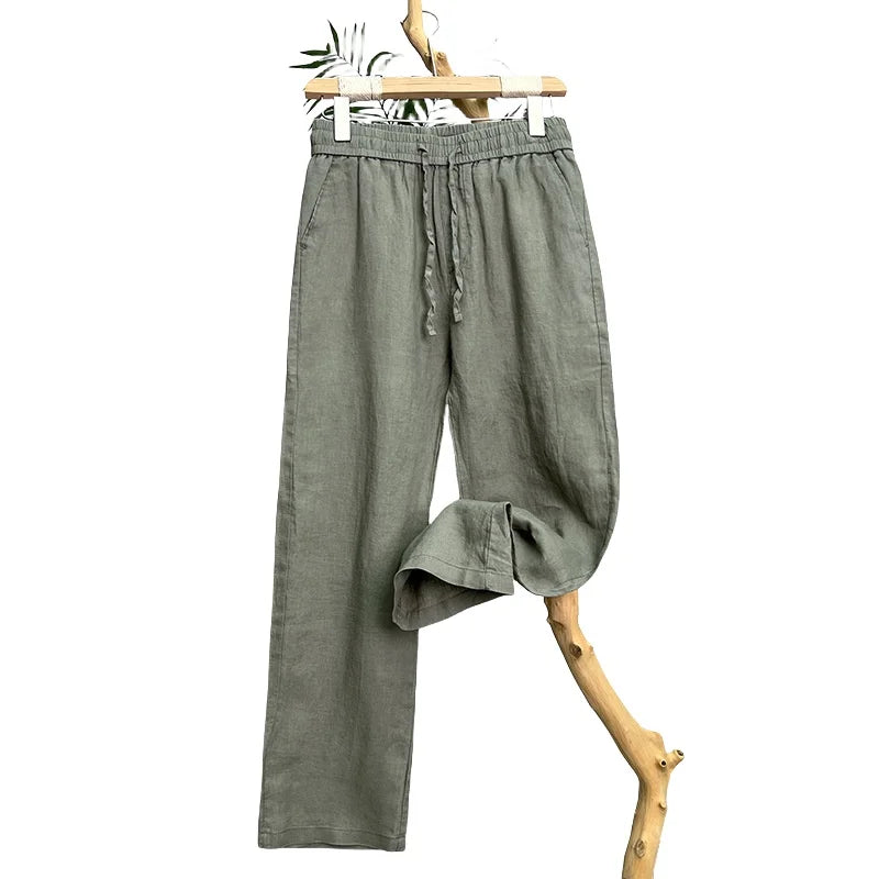 Linho natural pele pura respirável verão cor pura moda linho fino ajuste masculino solto linho reto calças casuais