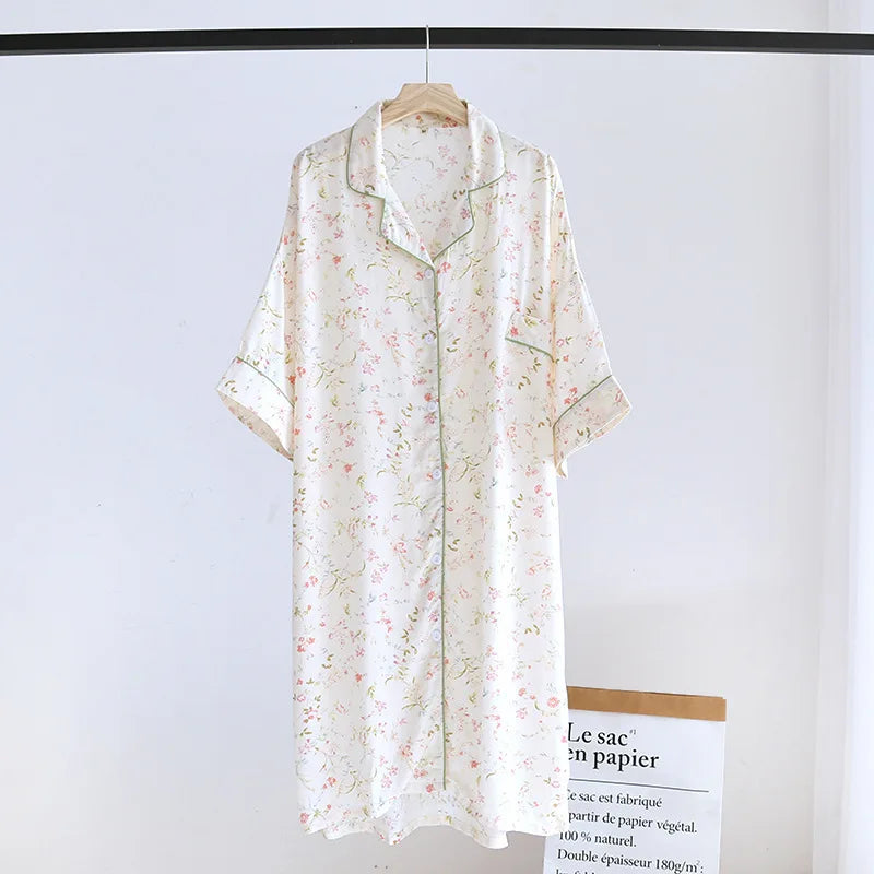 Verão outono casual noite feminina manga curta flor camisola solta sleepwear 100% viscose sleepwear para mulher