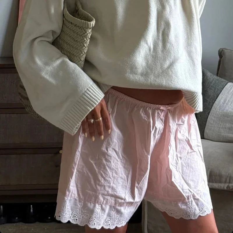 Mais bonito renda guarnição pijama boxer shorts para mulheres pjs bottoms cintura elástica ilhó perna larga lounge shorts y2k fairycore sleepwear