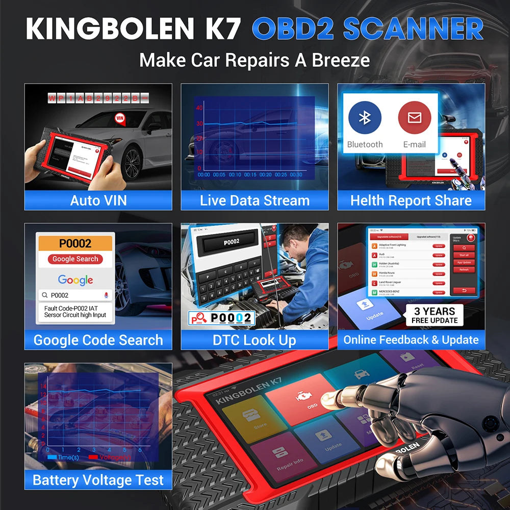 Atualização vitalícia gratuita KINGBOLEN K7 ALL System Ferramentas de diagnóstico de carro português Codificação ECU Teste ativo 28 reinicializações Scanner OBD PK LAUNCH X431 CRP919E BT
