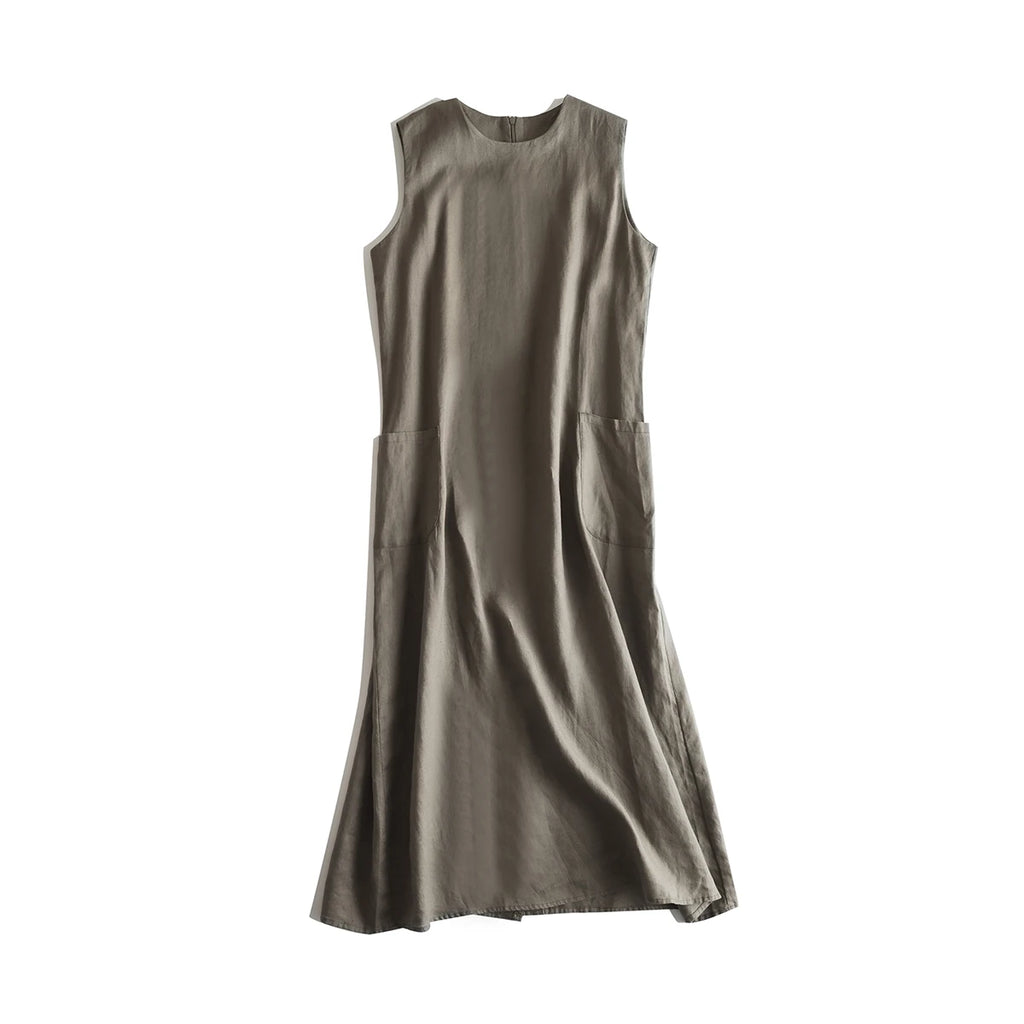 Vestido longo sem mangas com gola em O, Vintage, Linho, Algodão, Emagrecimento, Linha A, Verão, Sólido, Tanque Robe, Roupas casuais, X1399