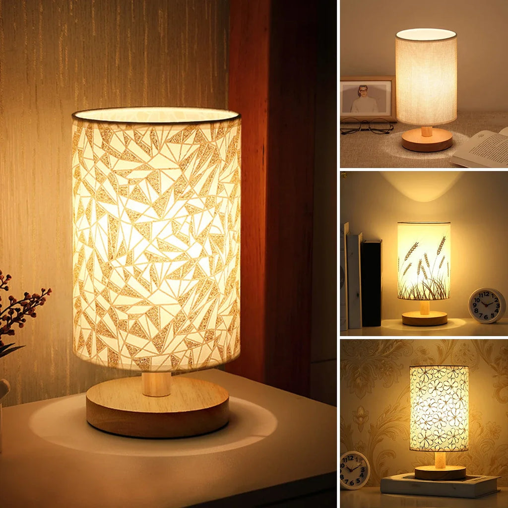 Candeeiro de mesa de linho LED Candeeiro de noite de linho com luz branca quente Candeeiro de cabeceira de linho alimentado por USB de madeira ao lado da lâmpada