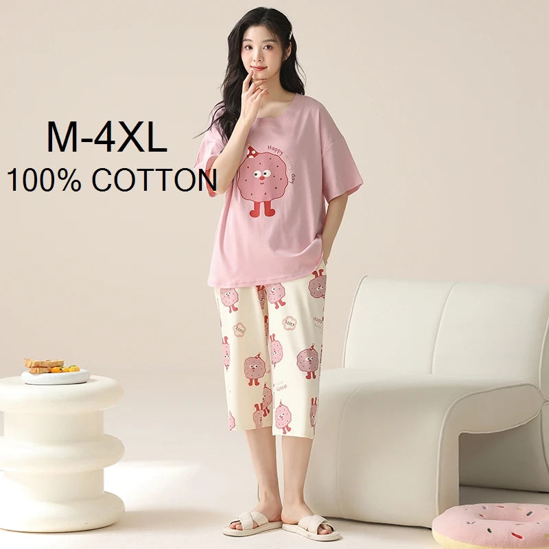 SUKAE-Conjunto de Pijamas dos desenhos animados das mulheres, 100% algodão, calça curta na altura do joelho, pijamas, capris loungewear, pijamas de verão, M-4XL