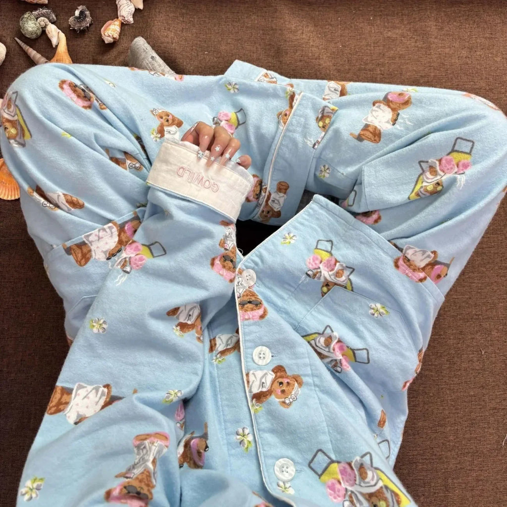 Pijama de algodão macio conjunto de pijamas femininos bonito dos desenhos animados pijamas impressão pijamas elegantes calças superiores 2 pçs femme nightwear loungewear