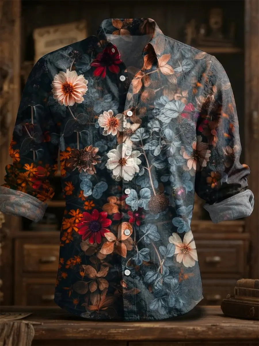 2025 primavera/verão moda masculina linho manga longa camisa de linho, impressão elegante, design de flor requintado