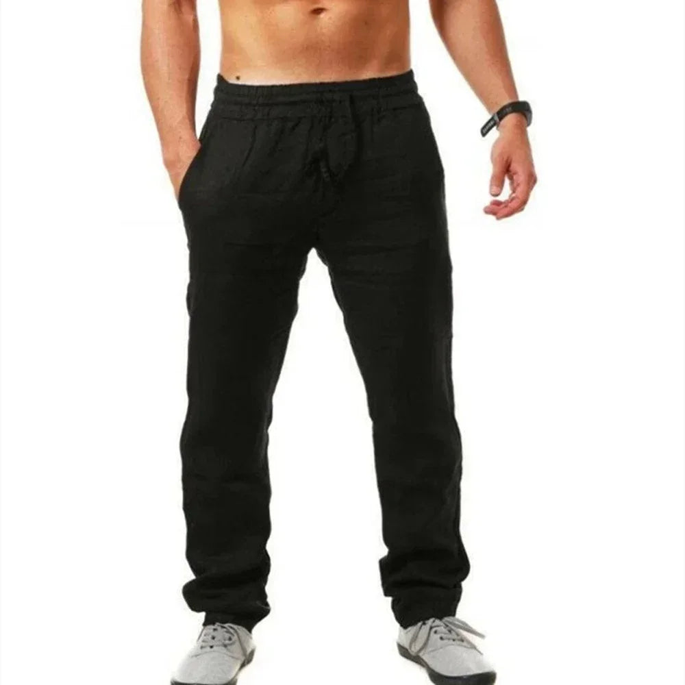 Calça masculina de algodão e linho, solta, respirável, com cintura elástica, cor sólida, casual, para corrida, fitness, verão, esportes, calça de moletom